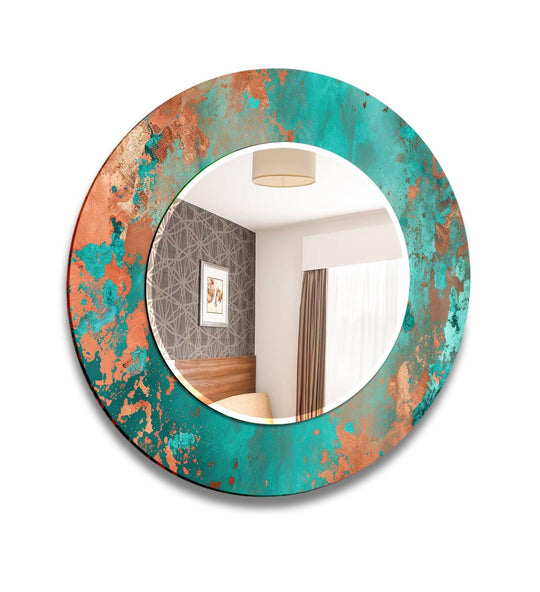 A circular mirror art with an abstract green and copper design reflecting a room interior a vibrant teal artistic home decor wall mirror