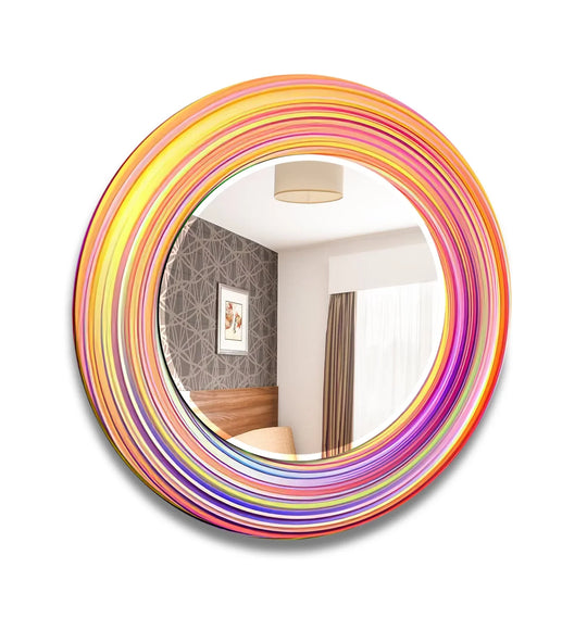 Orange Circle Round Wall Mirror an abstract mirror with vibrant modern decor and a colorful swirled frame of yellow orange and pink