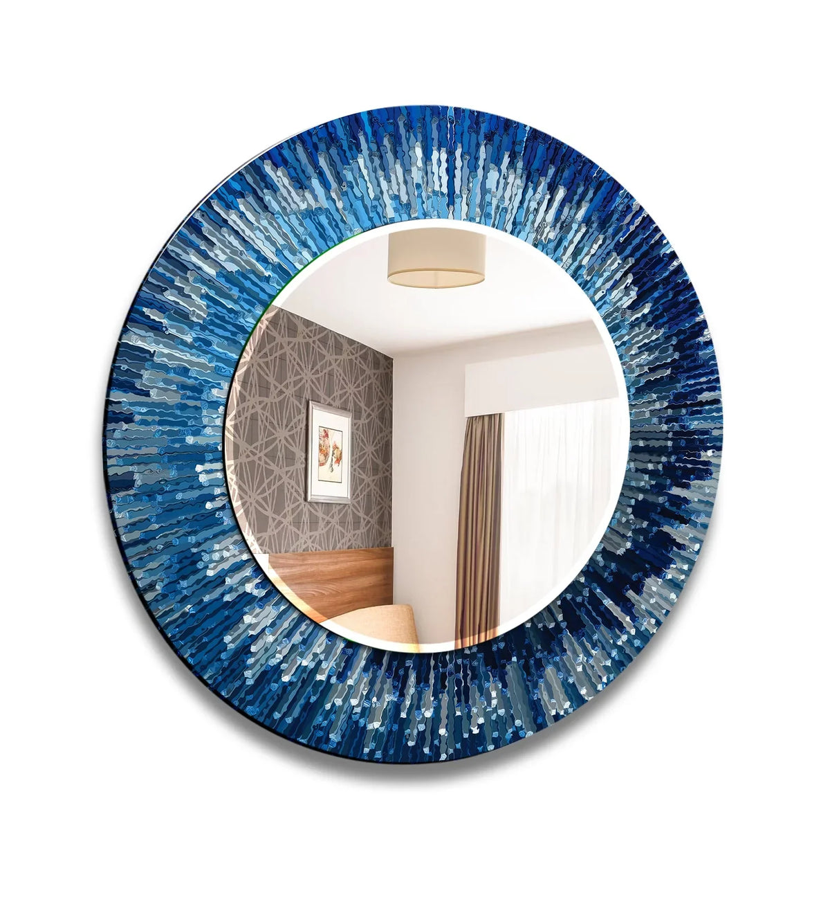 The realistic detail of this blue splash round wall mirror showcases an elegant framed wall mirror, a decorative accent for refined home decor.
