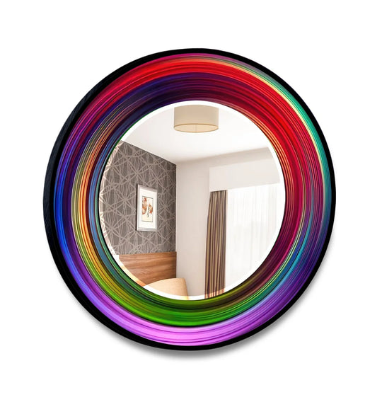A Black Frame Wall Mirror featuring vibrant multi color Colored Circles and an abstract round frame reflecting a modern room