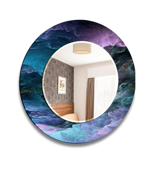 A round Modern Mirror with abstract blue and purple cloud patterns and artistic glass reflecting a bedroom interior