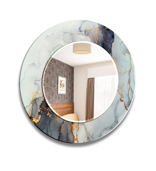 A round decorative wall mirror shows a white golden and blue abstract marble design a luxury abstract mirror