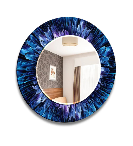 A blue bathroom wall mirror featuring a glossy round abstract design border in blue and purple a modern decorative mirror
