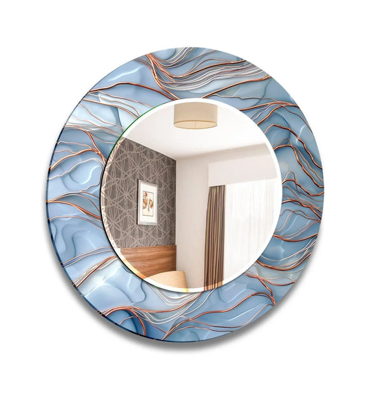 A round mirror with silver and orange abstract wavy lines on a blue background a glossy finish and tempered glass creating an elegant modern design