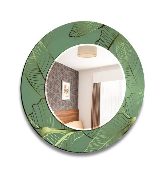 A round wall mirror features green golden leafs design reflecting a bedroom and adding elegant nature-inspired abstract decor