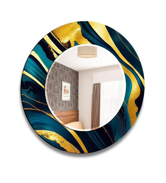 Green golden round wall mirror showcasing an abstract design of green and gold swirls a stylish wall decor reflecting a bedroom