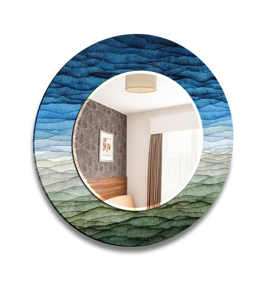 Decorative wall mirrors like this round one feature blue and green waves art reflecting a modern room