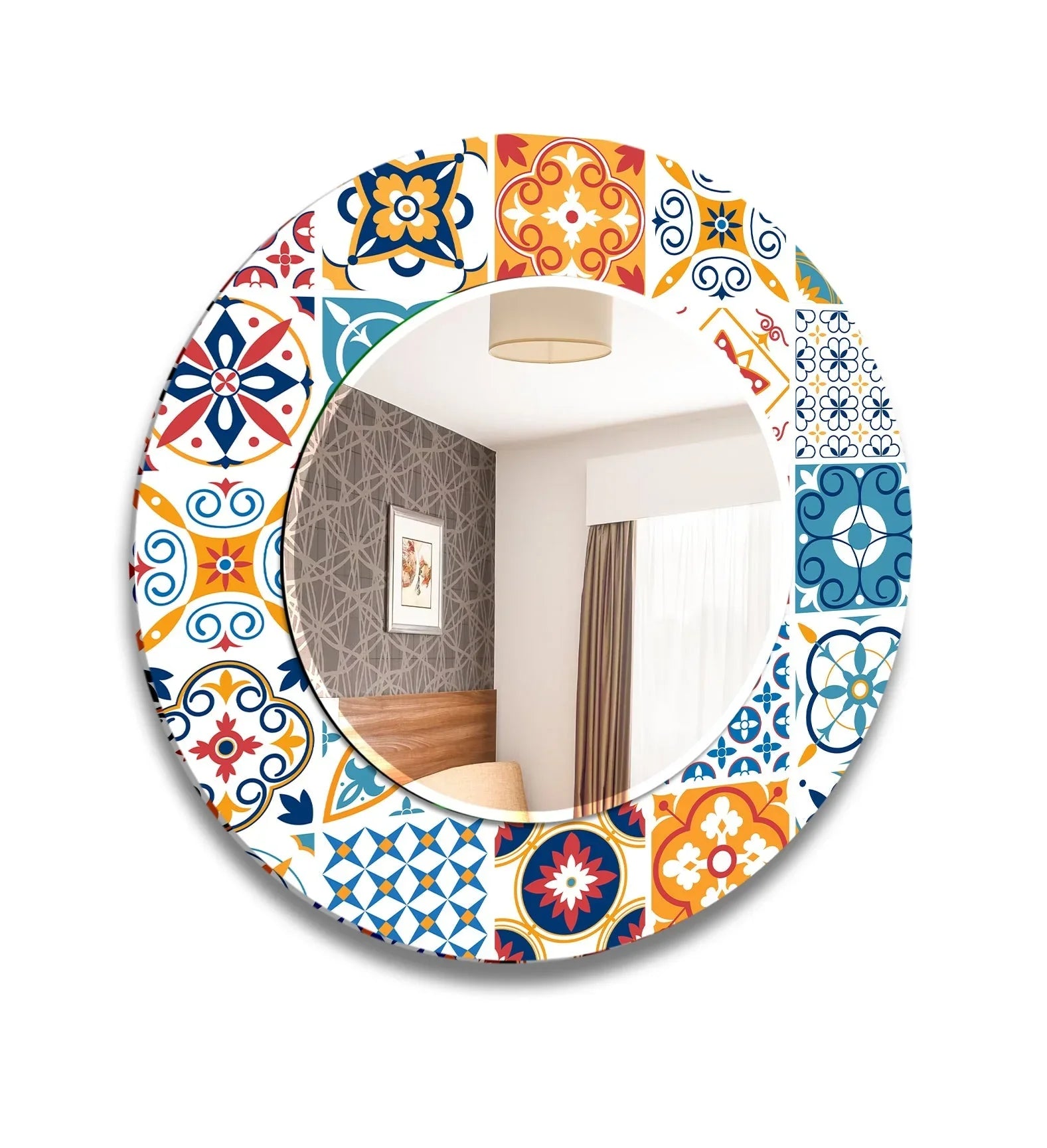 Featuring mosaic tiles in white, orange, blue, and red, this round wall decorative mirror brings colorful charm as a stylish home decoration.
