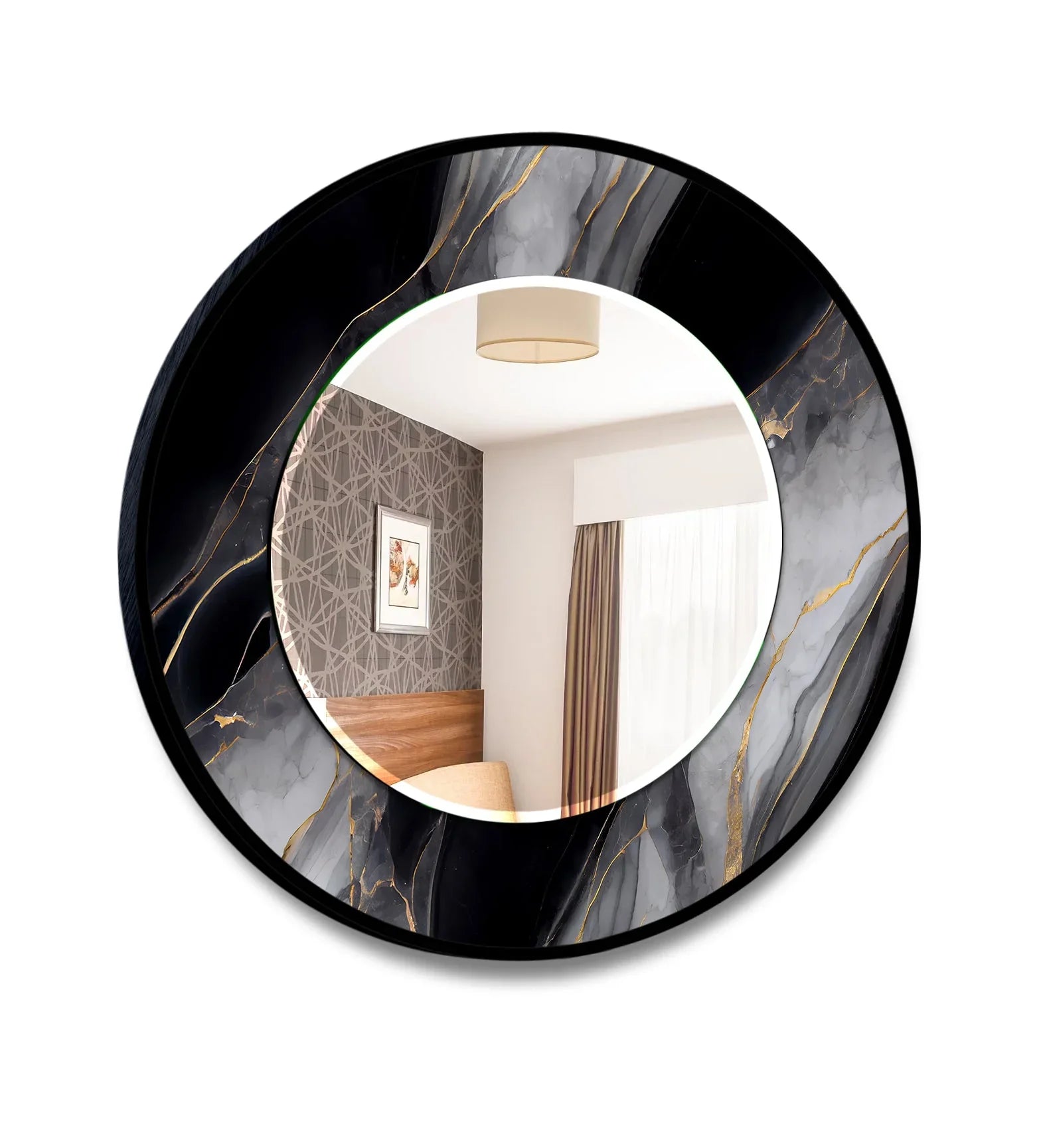Bedroom scene reflected in the round black gray marble frame of these modern wall mirrors shows patterned wallpaper, a wooden headboard, and neutral-toned curtains.
