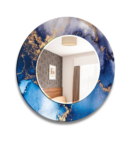 Blue Round Wall Mirror displaying an abstract blue and gold design a stunning circular glass piece an elegant bathroom mirror