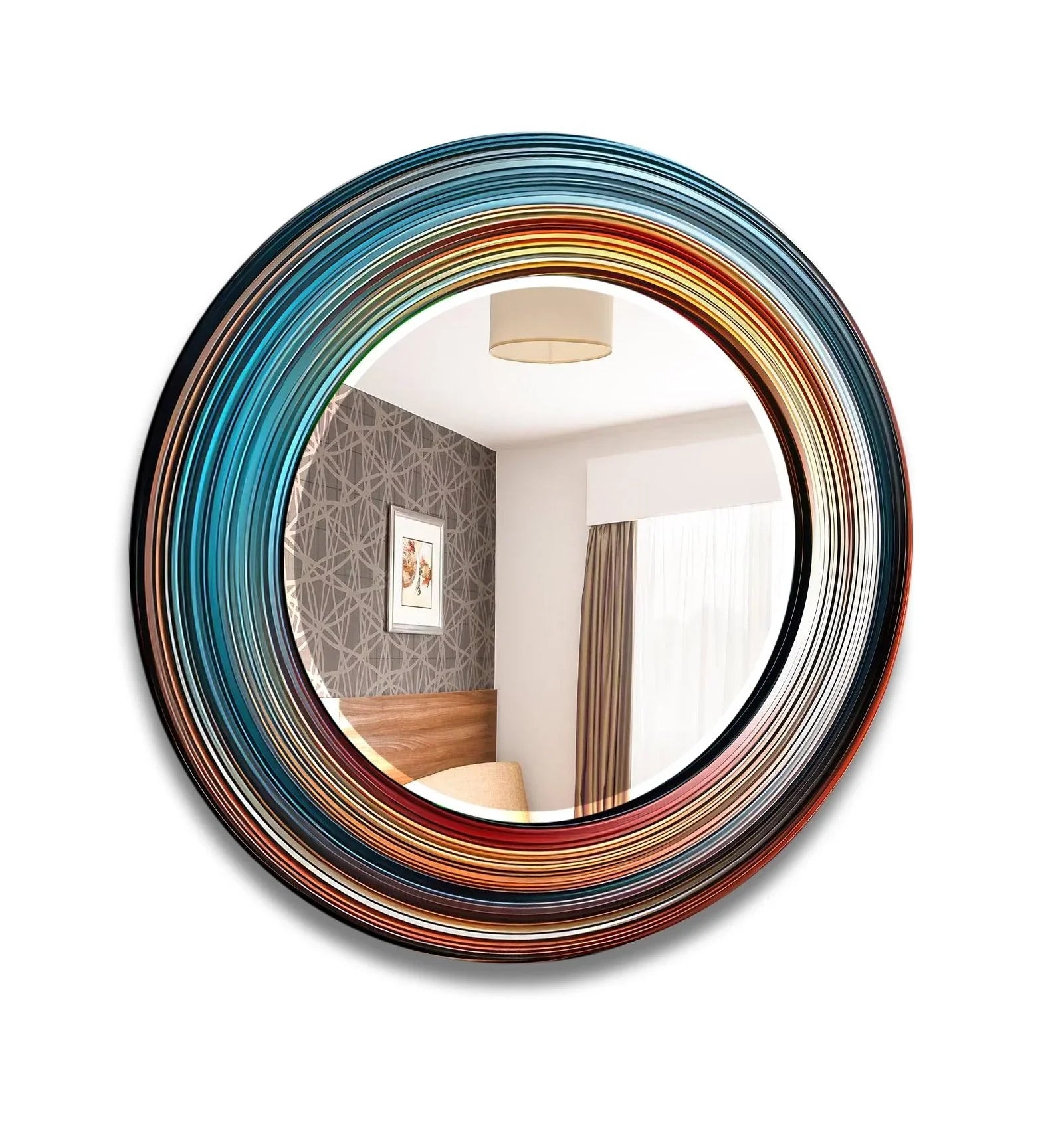Intense color saturation highlights the abstract round wall mirror, making it a visually striking bathroom mirror with rich blues, oranges, and a captivating design.