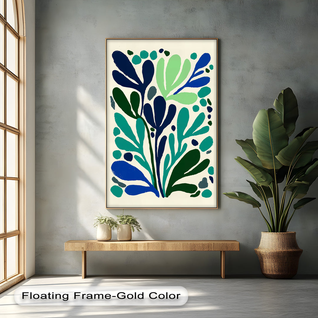 Visual rhythm is created in this modern botanical canvas art print through the repetition of minimalist abstract leaf shapes in shades of blue and green, making it vibrant canvas art.