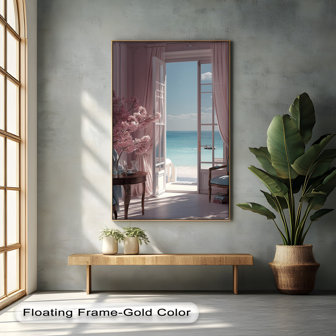 Seaside Serenity – Elegant Room with Ocean View Canvas Print