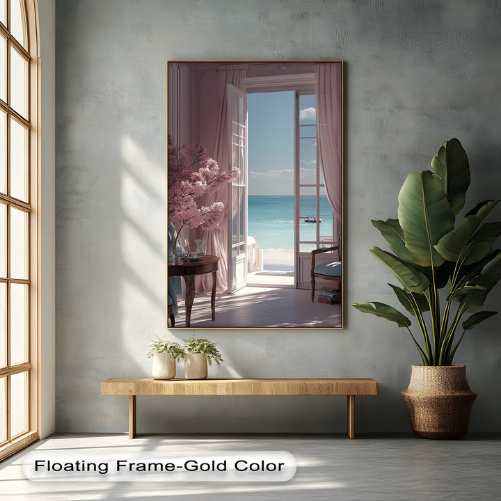 Seaside Serenity – Elegant Room with Ocean View Canvas Print