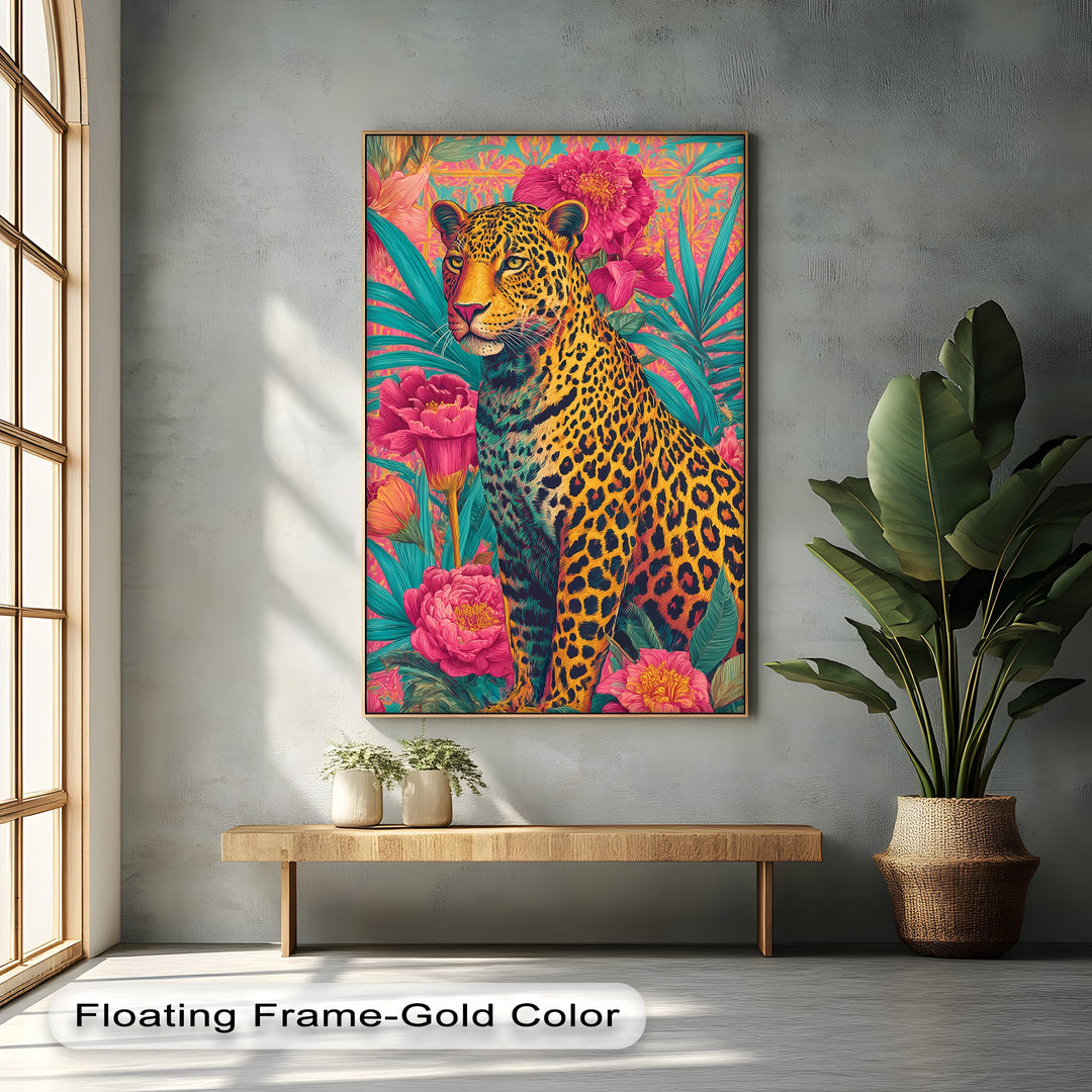 Regal Jungle Majesty – Vibrant Leopard in Floral Canvas Print