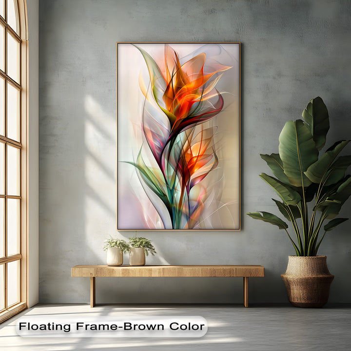 A vertically oriented, rectangular canvas painting depicting abstract orange floral designs as modern botanical wall art.