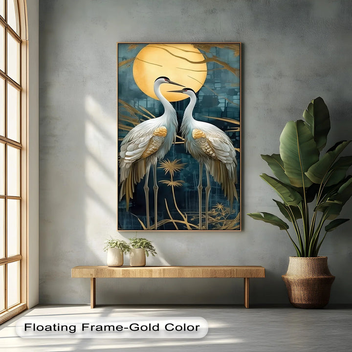Moonlit Elegance – Golden Cranes Under Full Moon Canvas Print - MyPhotoStation