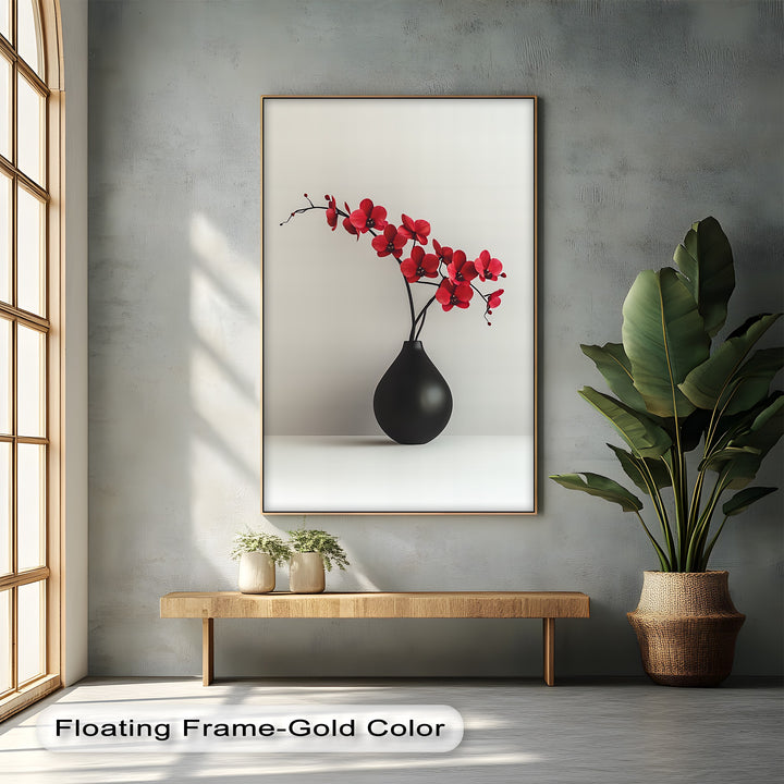 Minimalist Red Orchids in Black Vase – Contemporary Floral Canvas Print