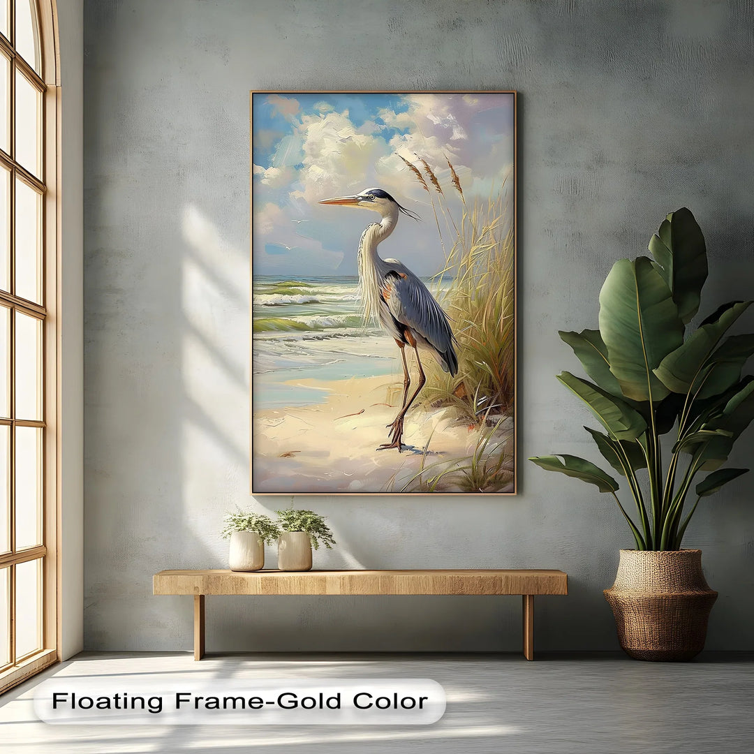 Coastal Grace – Majestic Heron by the Shore Canvas Print - MyPhotoStation