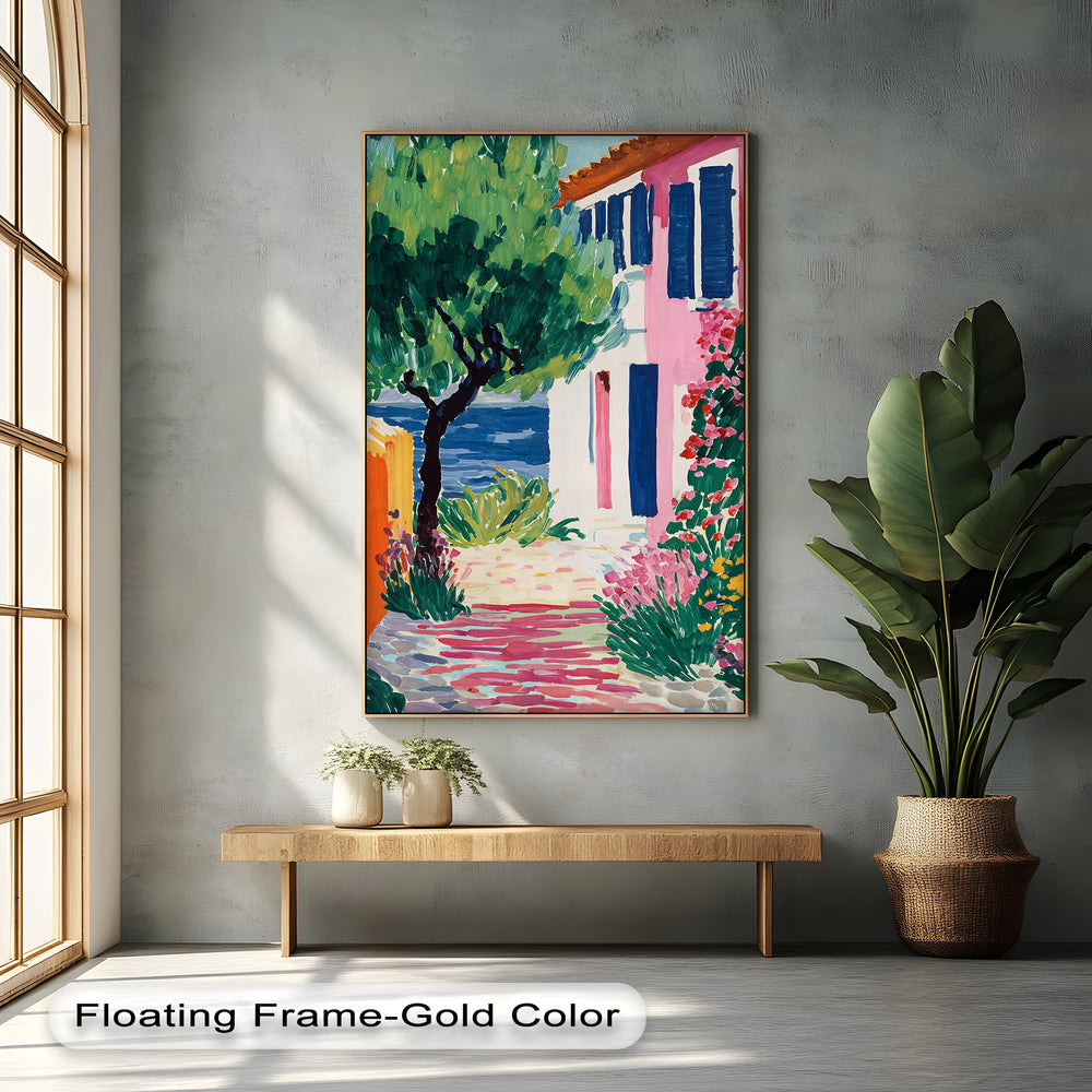 Gentle brushstrokes of pink flowers and green foliage soften the edges of this colorful Mediterranean village canvas painting, a vibrant piece of canvas wall art.
