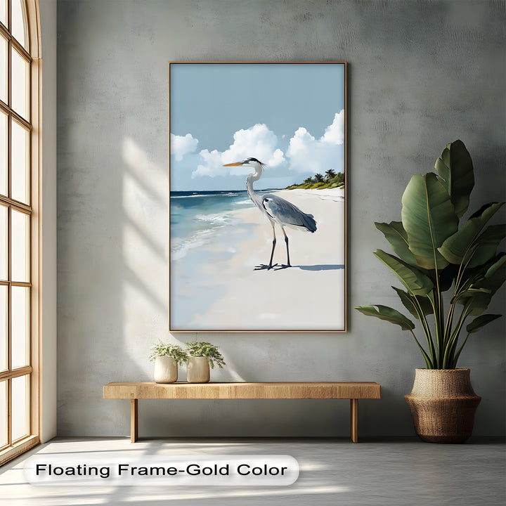 Coastal Heron Under Blue Skies – Tropical Beach Canvas Print