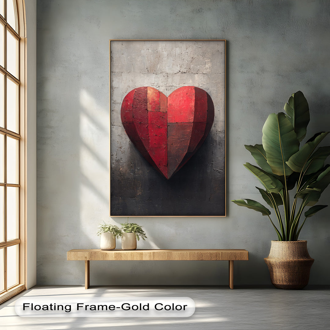 Negative space surrounds the rustic red heart, highlighting the depth and texture of this best canvas prints art with an industrial wall background.