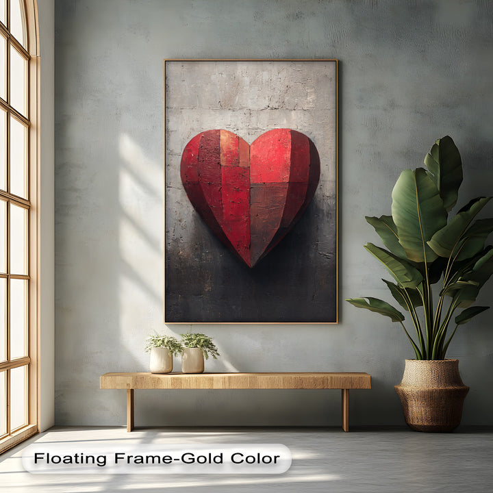Negative space surrounds the rustic red heart, highlighting the depth and texture of this best canvas prints art with an industrial wall background.
