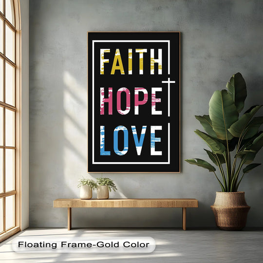 With striking color saturation, the 'Faith Hope Love' canvas print showcases vibrant canvas pictures with a modern Christian theme.