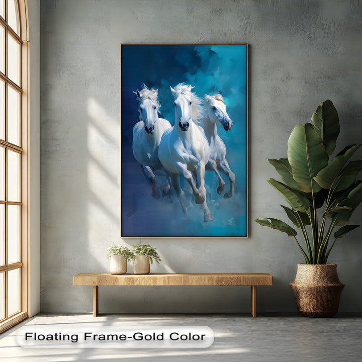 Galloping Spirits – Trio of White Horses in Motion Canvas Print