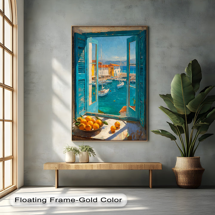 With intense color saturation, the Mediterranean harbor window framed canvas print showcases vibrant teals and blues, depicting a coastal village sea view.
