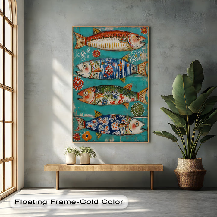 Sunlight highlights the textured details on this colorful folk fish canvas print, creating a visually striking unique canvas print with contrasting light and shadow.