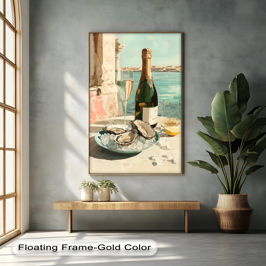 Canvas wall art featuring a champagne bottle and oysters on ice, capturing a luxurious coastal dining experience with vibrant details.