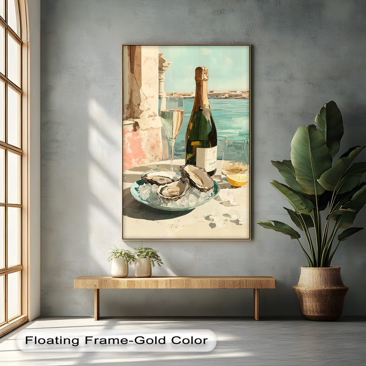 Canvas wall art featuring a champagne bottle and oysters on ice, capturing a luxurious coastal dining experience with vibrant details.