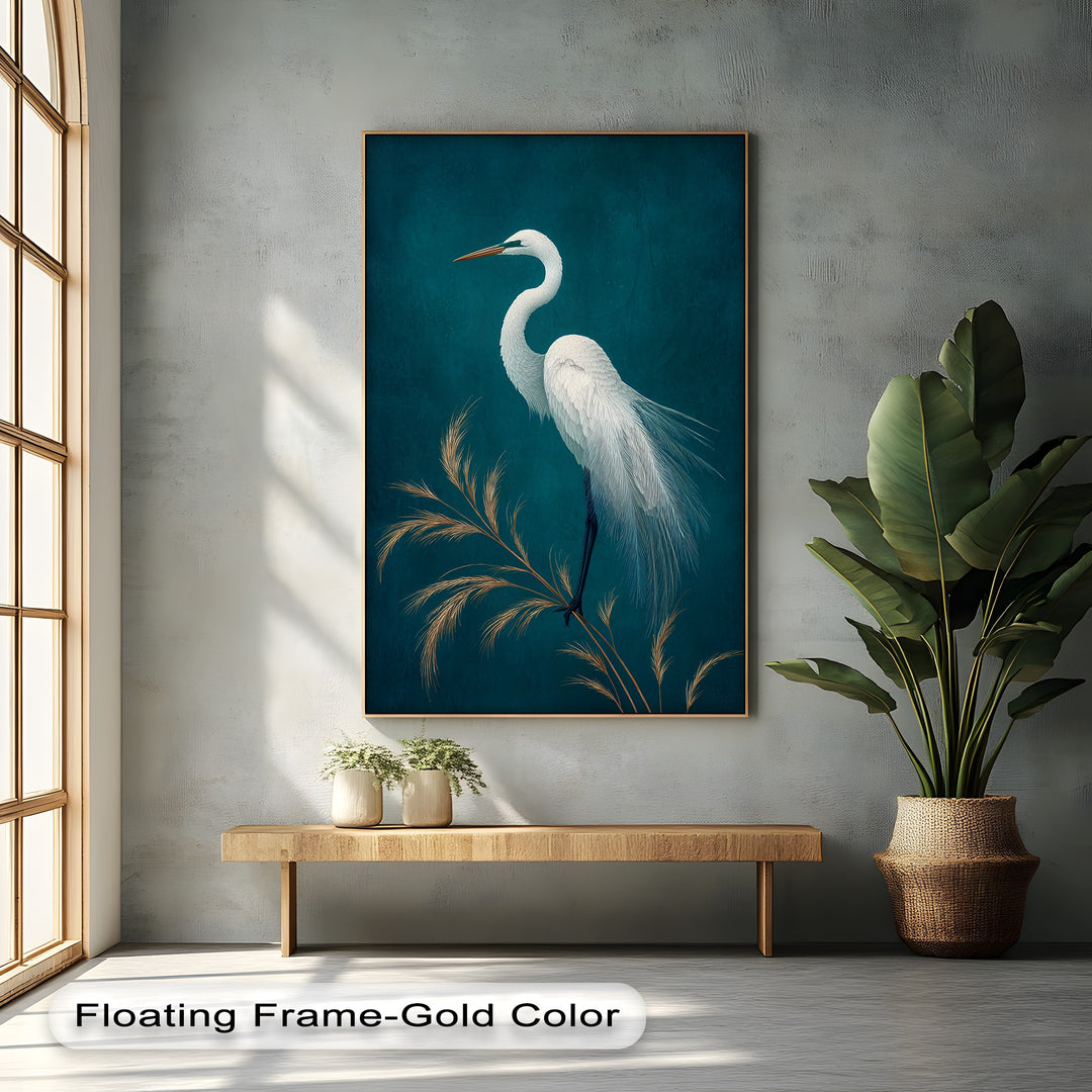 Featuring premium canvas decor, the elegant white heron canvas print showcases high-quality materials in a minimalist bird wall art design.