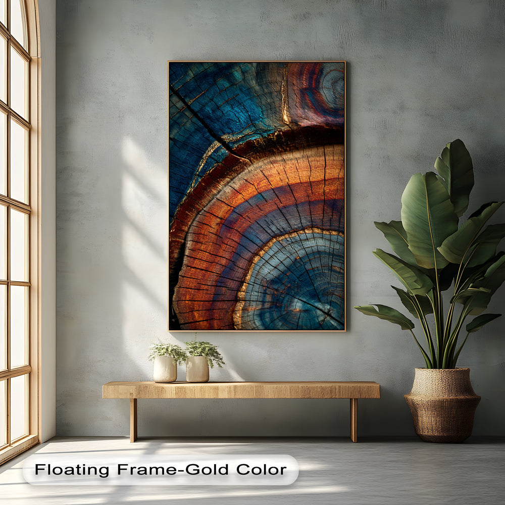 Revealing the intricate surface texture of the abstract wood grain hanging canvas, showcasing the detailed tree ring patterns and colorful grain in the modern natural wall art.
