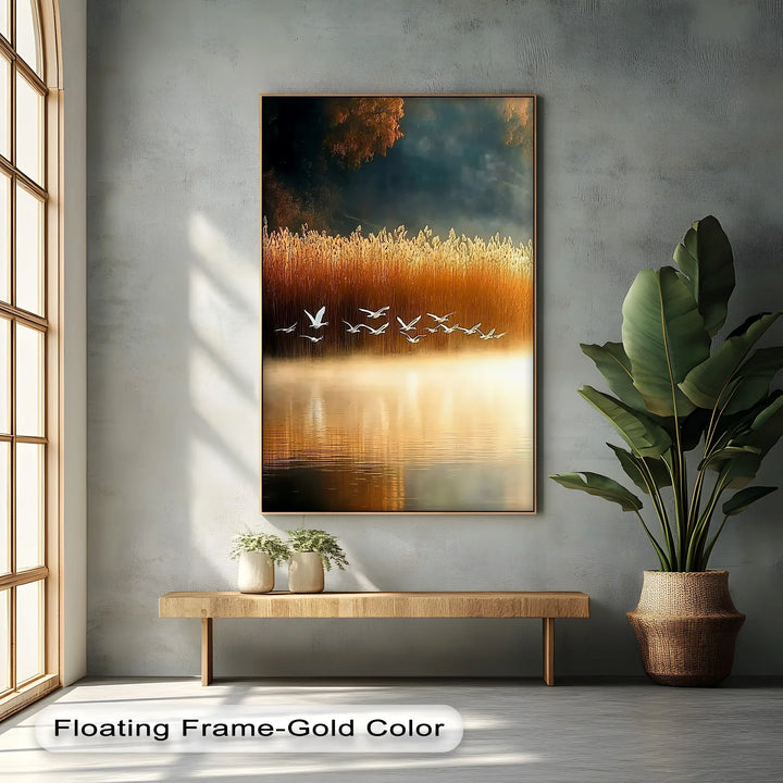 Golden Flight – Tranquil Birds at Sunset Canvas Print - MyPhotoStation