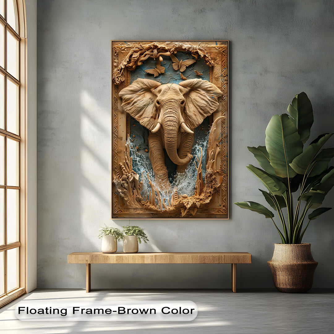 Organic forms highlight this majestic elephant hanging canvas, featuring intricate carved wood, graceful butterflies, and dynamic water.