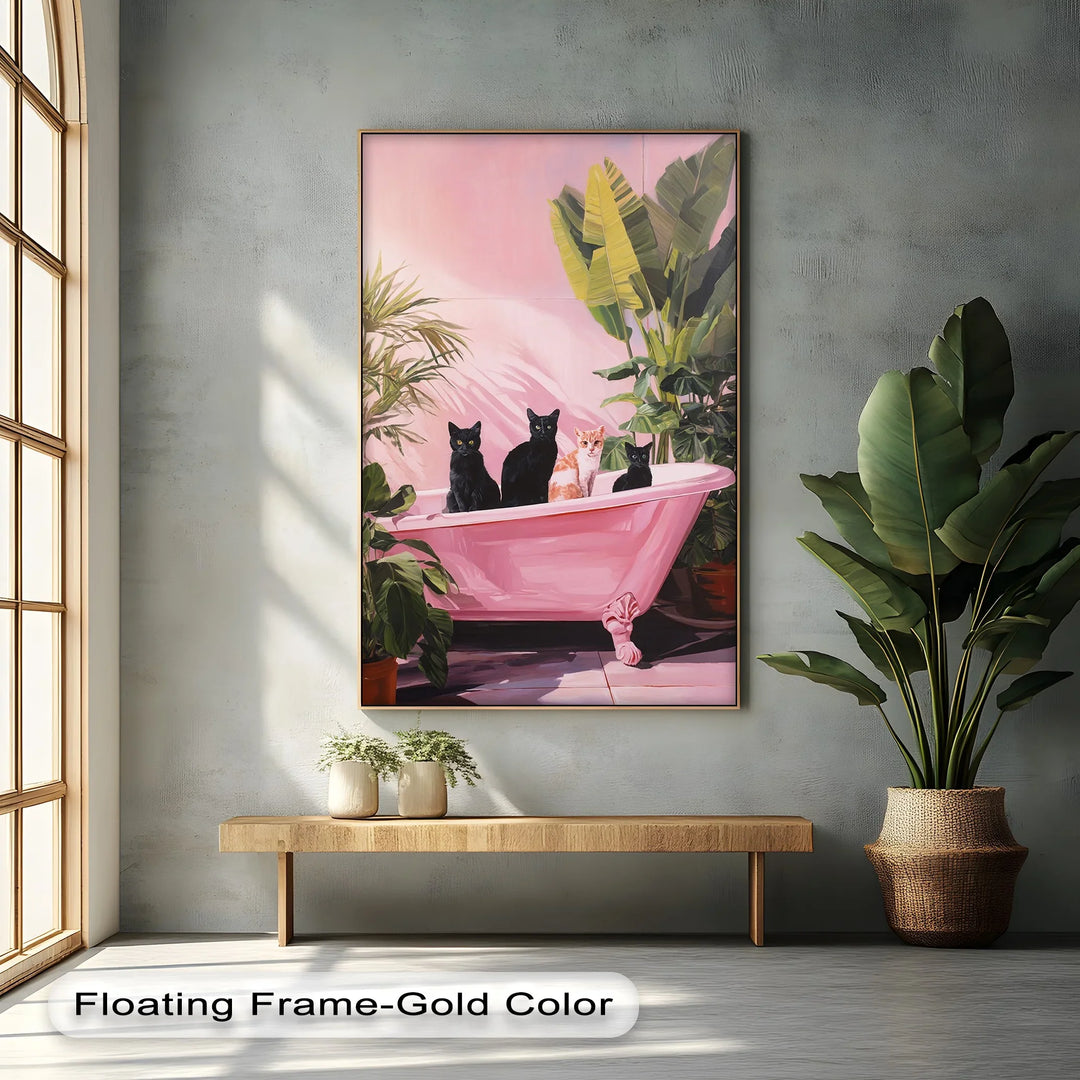 Four Cats in a Pink Bathtub – Playful Botanical Canvas Print - MyPhotoStation