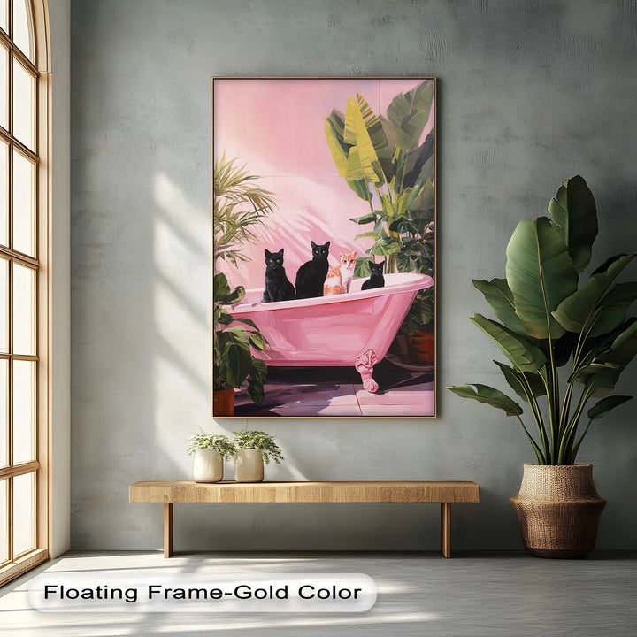 Four Cats in a Pink Bathtub – Playful Botanical Canvas Print - MyPhotoStation