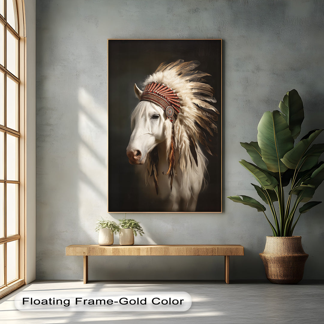 White Horse with Feathered Headdress - Horse Canvas Print
