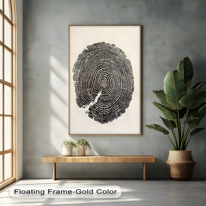 Rippling concentric circles in this framed canvas print of a minimalist tree ring suggests the slow, constant growth of time expressed in elegant wood grain wall art.