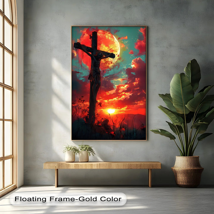 Crimson Redemption – Jesus on the Cross at Sunset Canvas Print