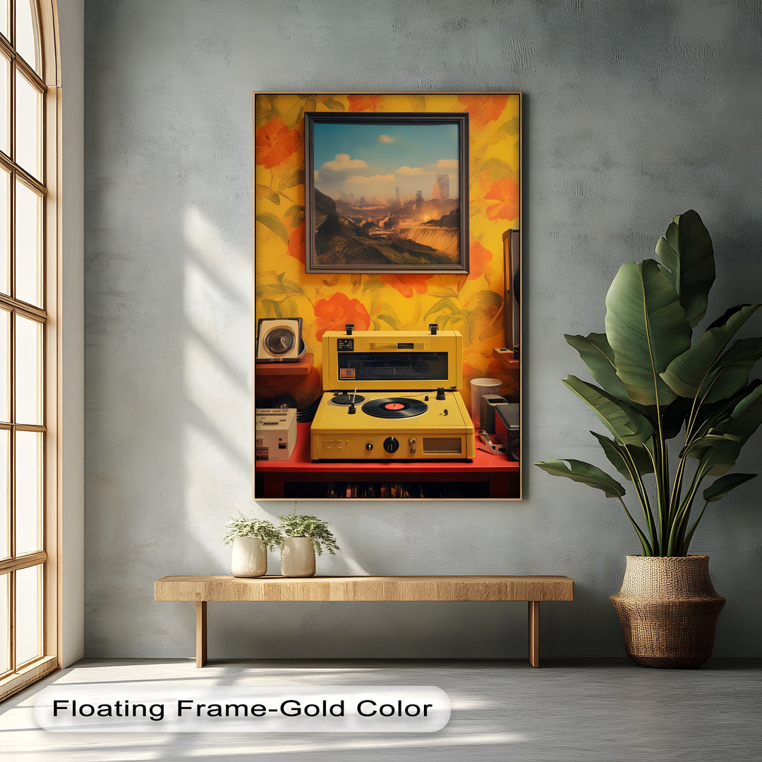 Sunset Groove – Retro Turntable & Futuristic Landscape Canvas Print