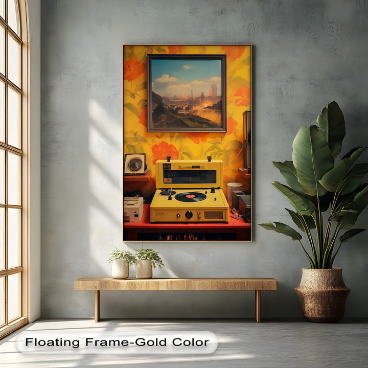 Sunset Groove – Retro Turntable & Futuristic Landscape Canvas Print