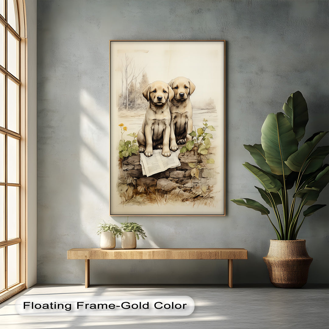 Stone Wall Puppies – Vintage Nature Scene Puppies Canvas Print