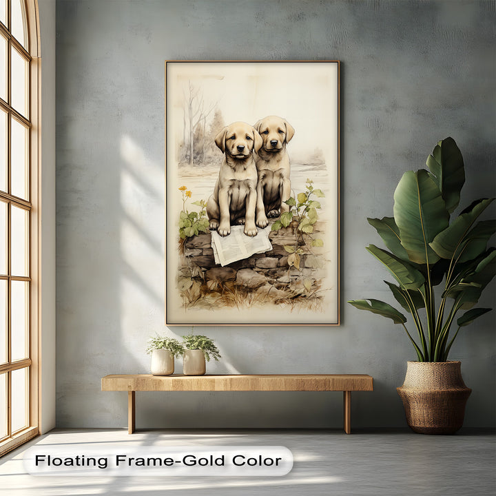 Stone Wall Puppies – Vintage Nature Scene Puppies Canvas Print