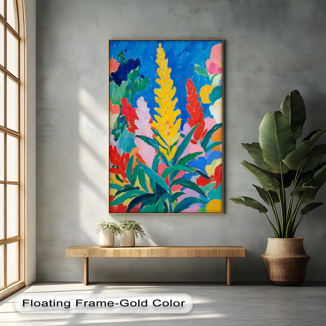 With its vibrant palette and warm color temperature, this unique canvas print showcases a colorful, abstract garden of flowers in a bold Fauvist style.