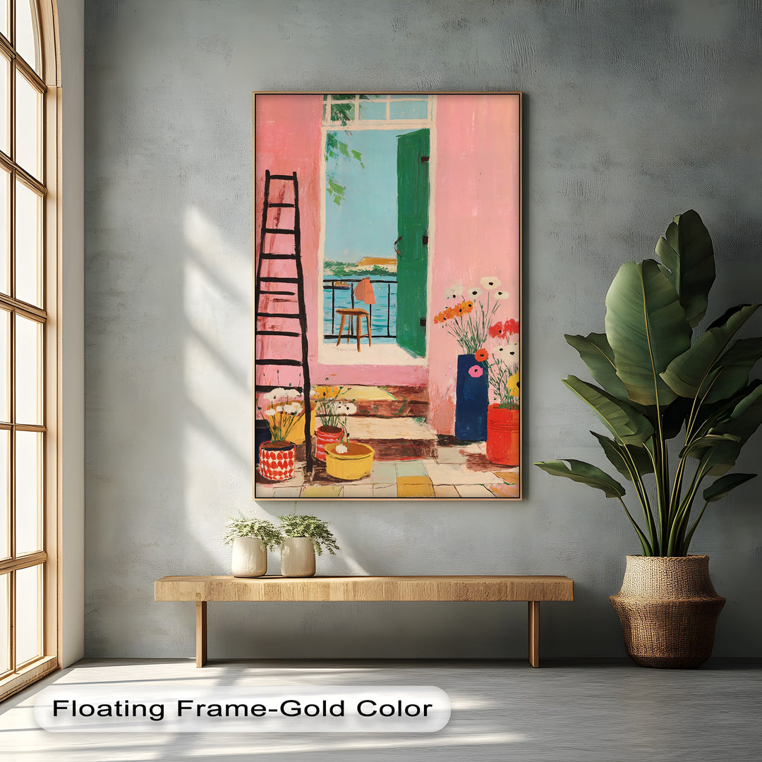 Sunlight casts long shadows across the Pink Coastal Balcony canvas print, highlighting the Mediterranean doorway and showcasing the high quality canvas prints.