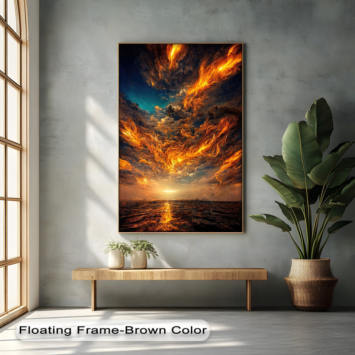 Durable canvas art prints beautifully display a firestorm sky, fiery clouds, dark ocean and bright horizon, creating vivid abstract nature art.