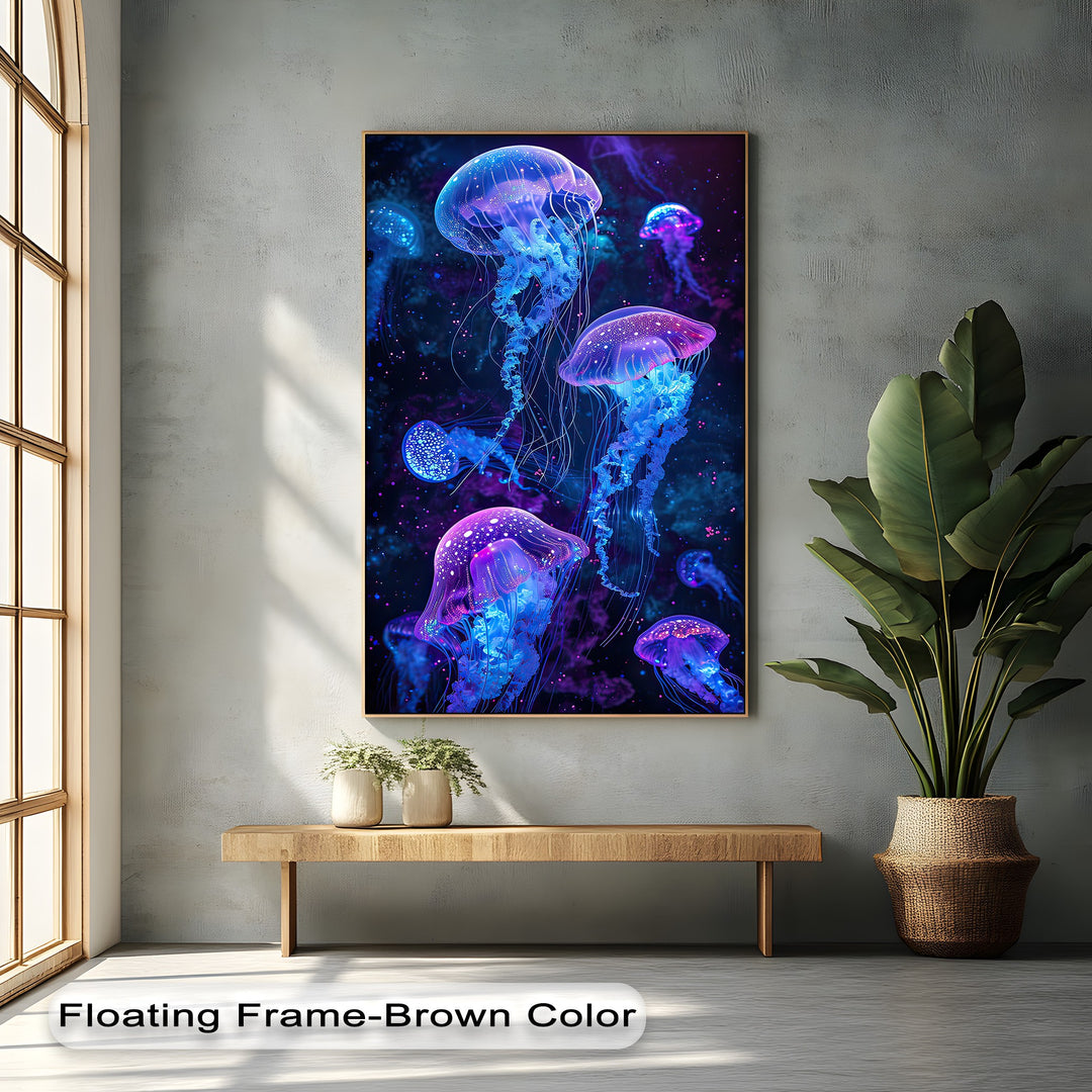 The canvas pictures display a subtly textured surface, bringing to life the vibrant neon jellyfish art with glowing blue, purple, and pink tones.